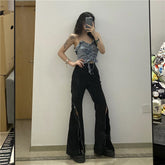 Pantalones de cintura alta con cremallera y pernera acampanada de Techwear en color negro